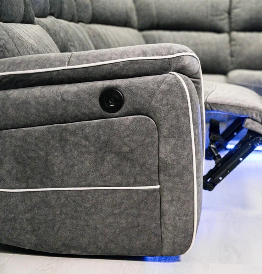Hannah Electric Recliner Corner Sofa Grey Microfibre Fabric with USB Port, LED Lights & Cup Holders