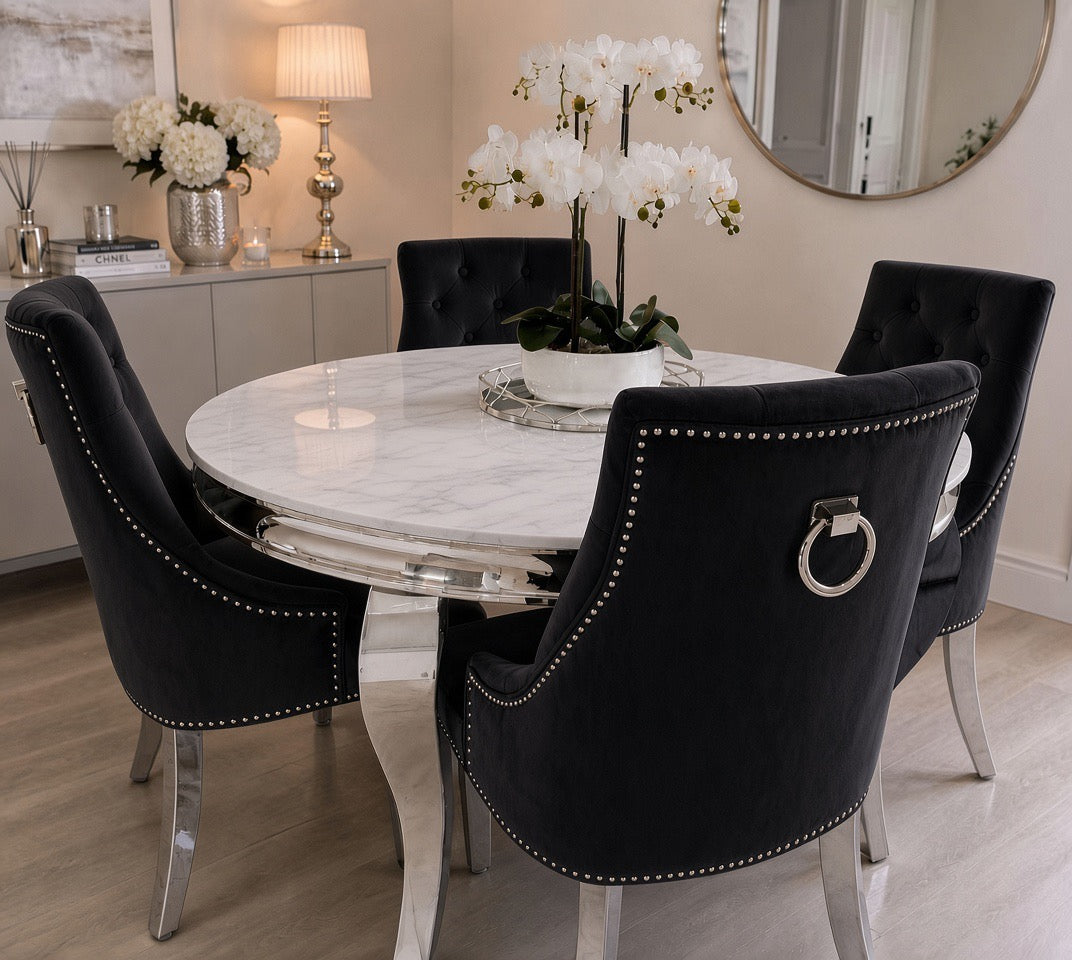 Louis 1.3 round marble table with Jessica ring knocker chairs in grey