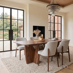 ALUXO® Dino 2.4m Walnut Dining Set – Architectural Table with 4/6/8 Dino Oatmeal Bouclé Chairs