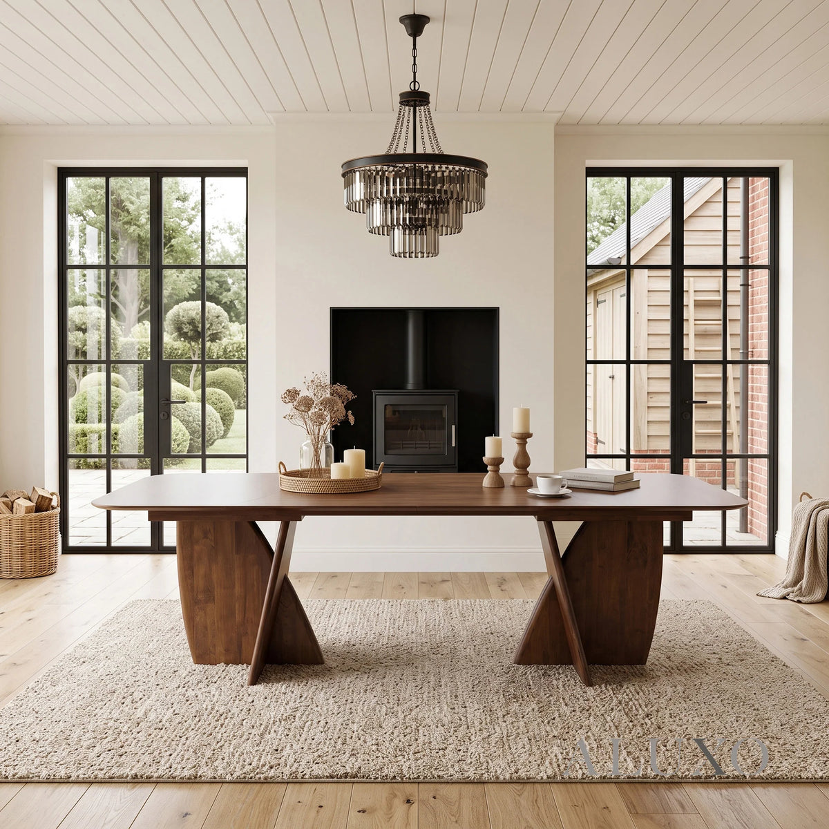 ALUXO® Dino 2.4m Walnut Dining Set – Architectural Table with 4/6/8 Dino Oatmeal Bouclé Chairs