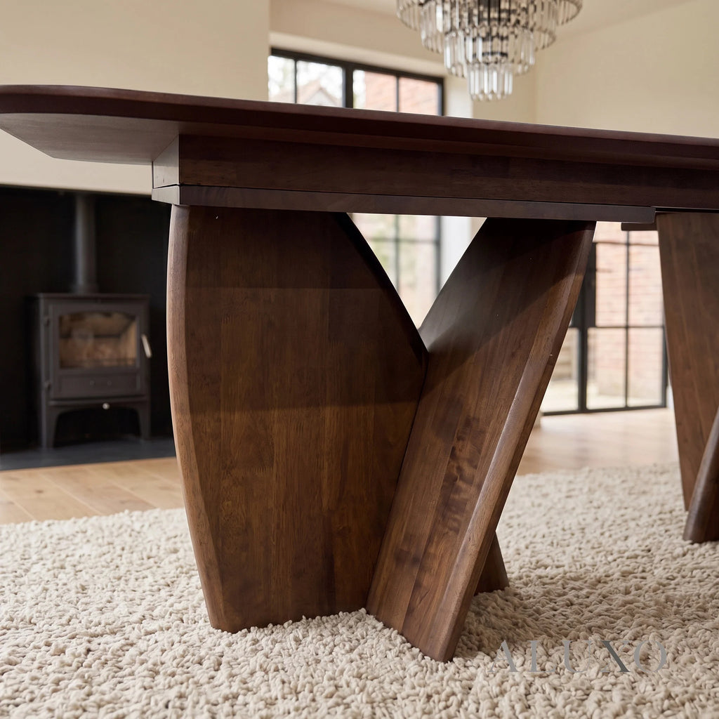 ALUXO® Dino 2.4m Walnut Dining Set – Architectural Table with 4/6/8 Dino Oatmeal Bouclé Chairs