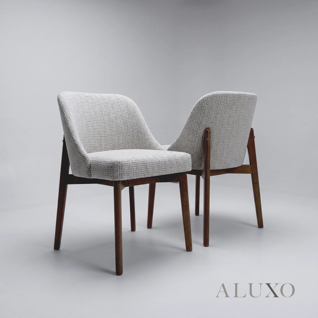 ALUXO® Dino 2.4m Walnut Dining Set – Architectural Table with 4/6/8 Dino Oatmeal Bouclé Chairs