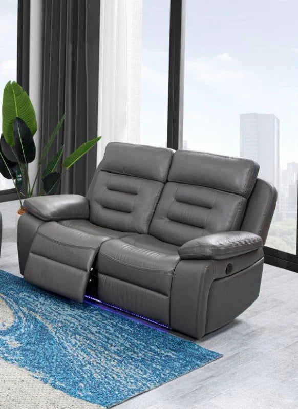 Hifsa 2 Seater Grey Leather Electric Recliner Sofa LED Lights & , USB Port