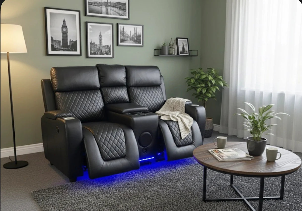 Florida 2 Seater Black Leather Electric Recliner Sofa with Cup Holders, Bluetooth music LED Lights & Wireless Charger, USB Port