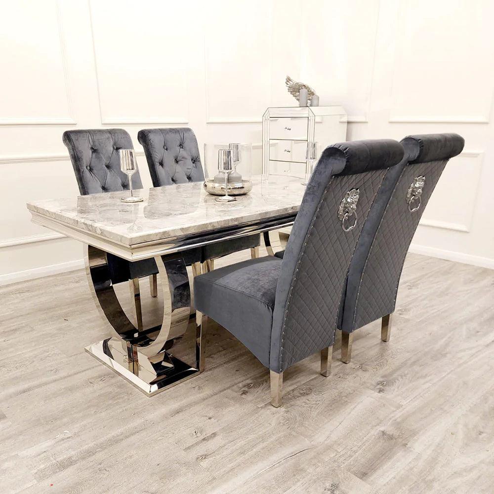 Arial 180cm Marble & Chrome Dining Table With Lucy Slim Quilted Lion Knocker Velvet Chairs