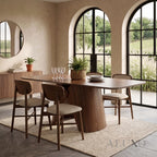 ALUXO® Elegantia 1.8m Walnut Dining Set – Sculptural Pedestal Base Table with 4/6/8 Elegantia Oatmeal Bouclé Chairs
