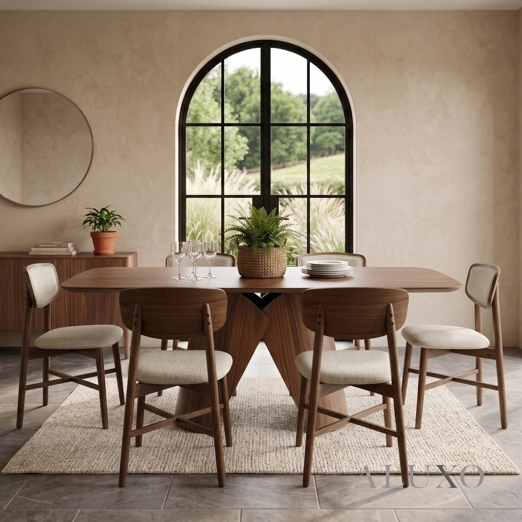 ALUXO® Elegantia 1.8m Walnut Dining Set – Sculptural Pedestal Base Table with 4/6/8 Elegantia Oatmeal Bouclé Chairs