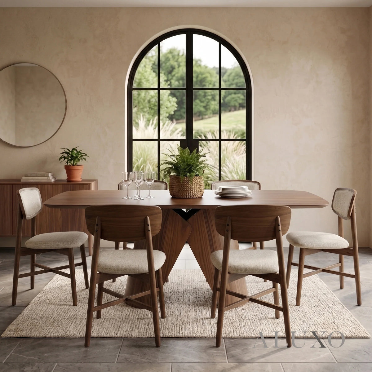 ALUXO® Elegantia 1.8m Walnut Dining Set – Sculptural Pedestal Base Table with 4/6/8 Elegantia Oatmeal Bouclé Chairs