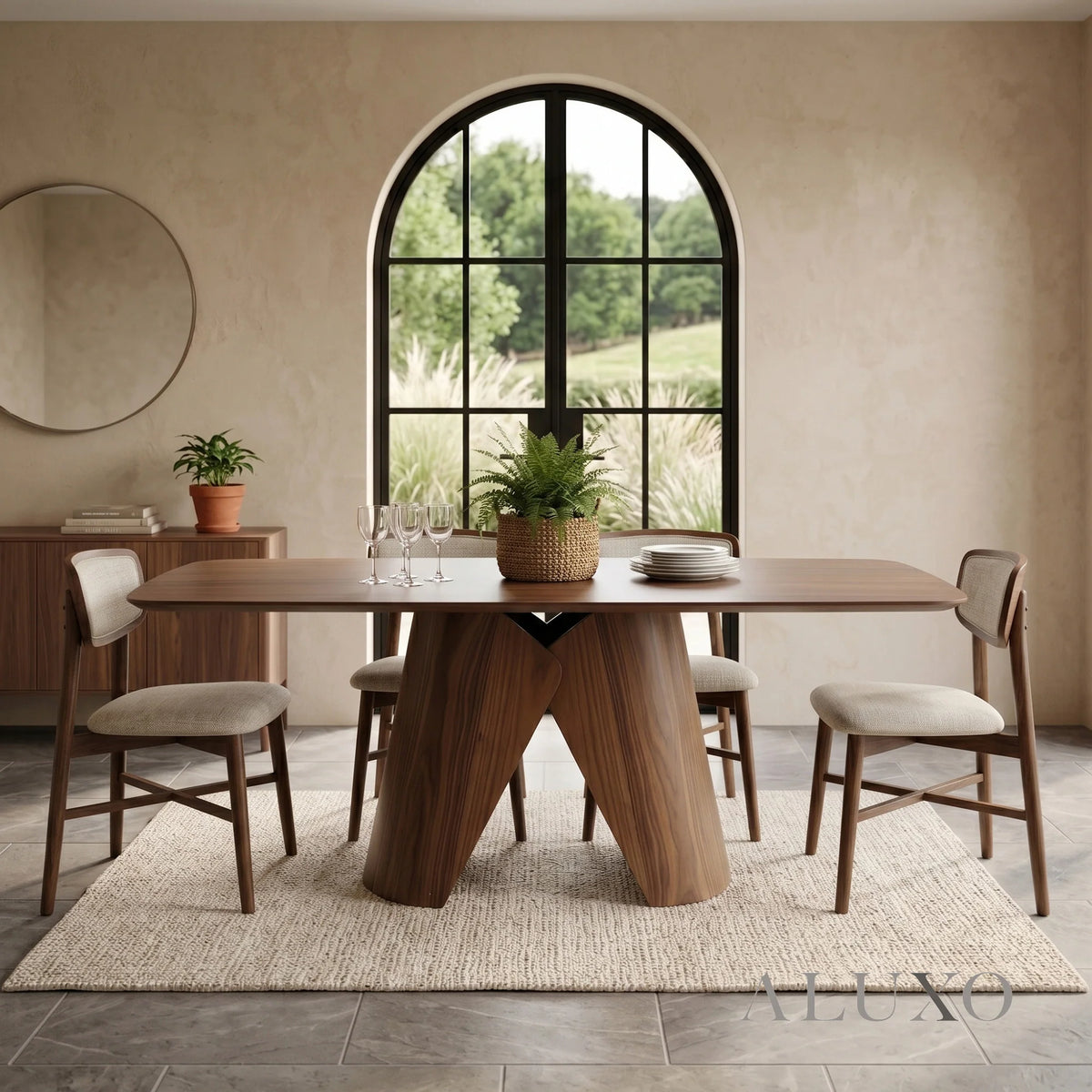 ALUXO® Elegantia 1.8m Walnut Dining Set – Sculptural Pedestal Base Table with 4/6/8 Elegantia Oatmeal Bouclé Chairs