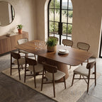 ALUXO® Elegantia 1.8m Walnut Dining Set – Sculptural Pedestal Base Table with 4/6/8 Elegantia Oatmeal Bouclé Chairs