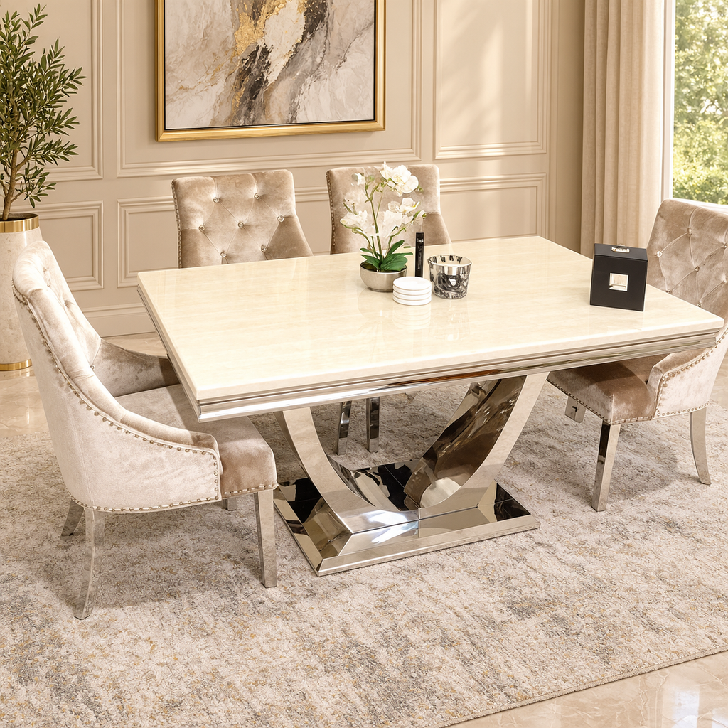 London 1.5m Mink Marble Dining Set with 4x Mink Roma Chairs