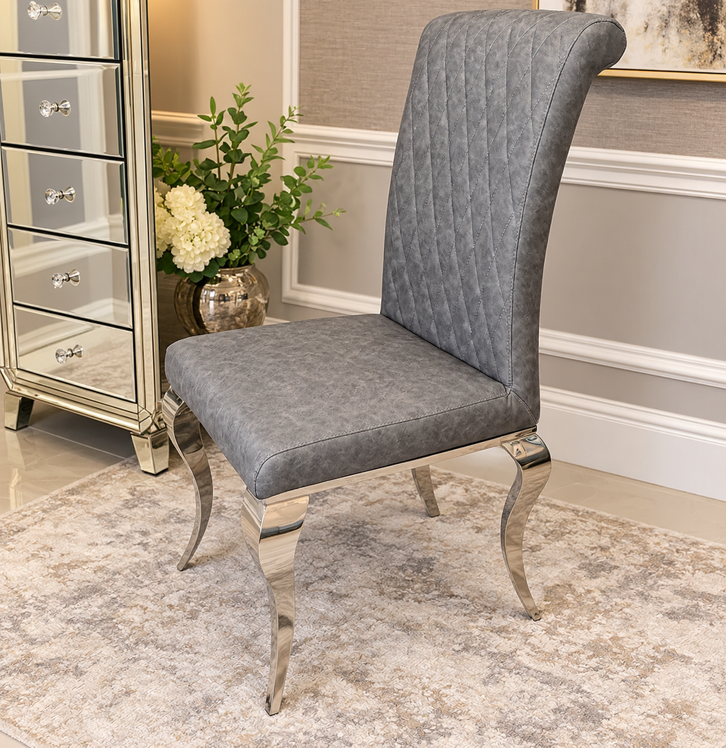 Lewis Marble Dining Table White + With Nichole Leather Dark Grey Chairs