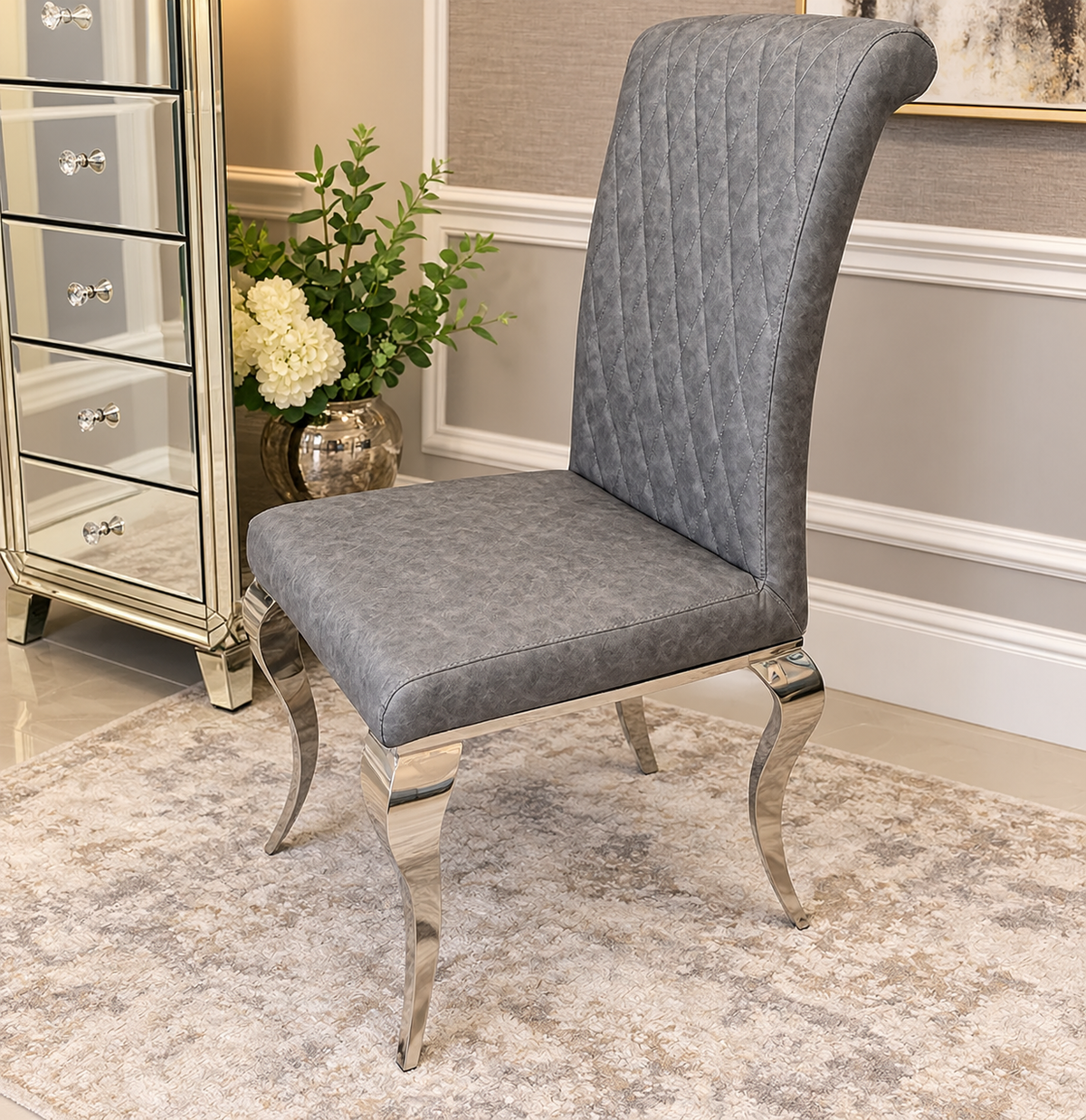 Lewis Marble Dining Table White + With Nichole Leather Dark Grey Chairs