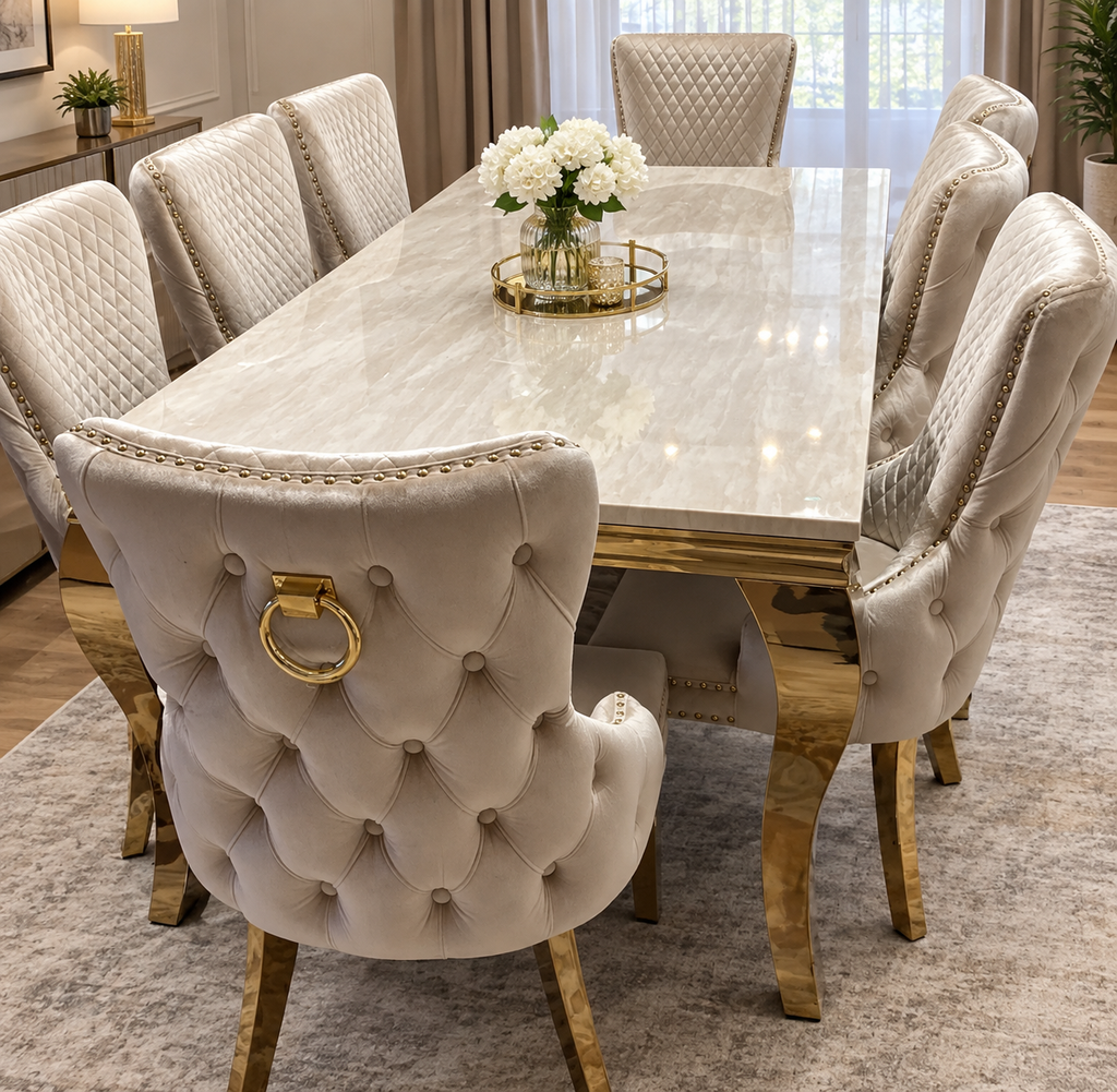 Louis Gold Marble Dining Table + Victoria Gold Dining Chairs Ring Knocker