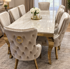 Louis Gold Marble Dining Table + Victoria Gold Dining Chairs Ring Knocker