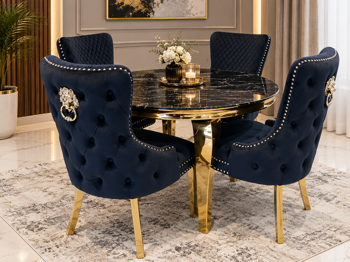110cm Round Cream & Gold Dining Table + Victoria Cream Gold Lion Knocker Velvet Dining Chairs