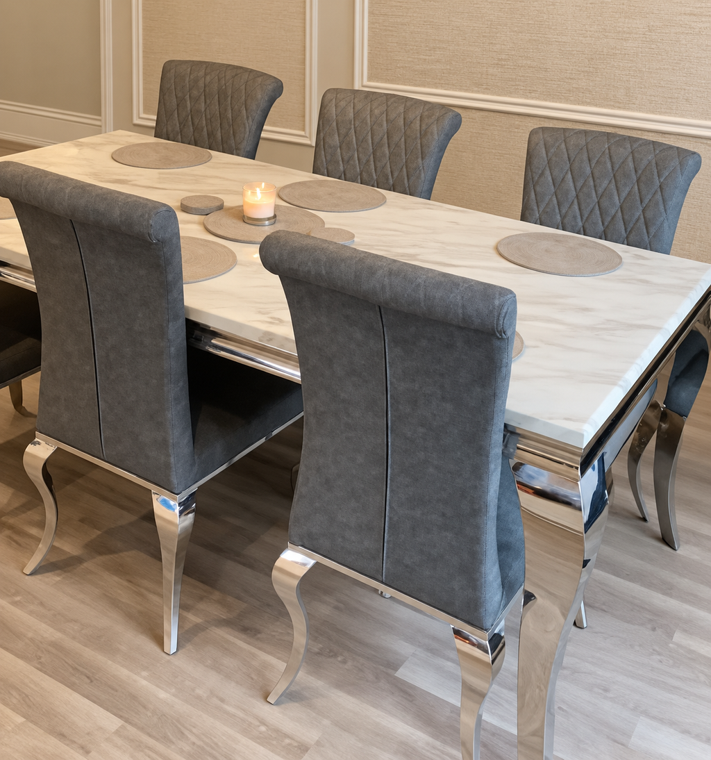 Lewis Marble Dining Table White + With Nichole Leather Dark Grey Chairs