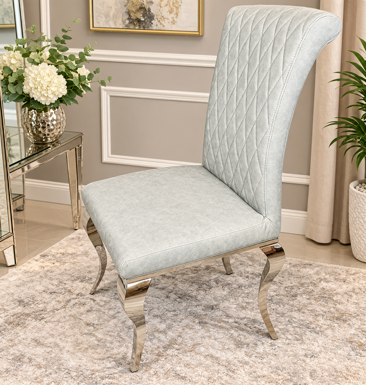 Lewis Marble Dining Table White + With Nichole Leather Dark Grey Chairs