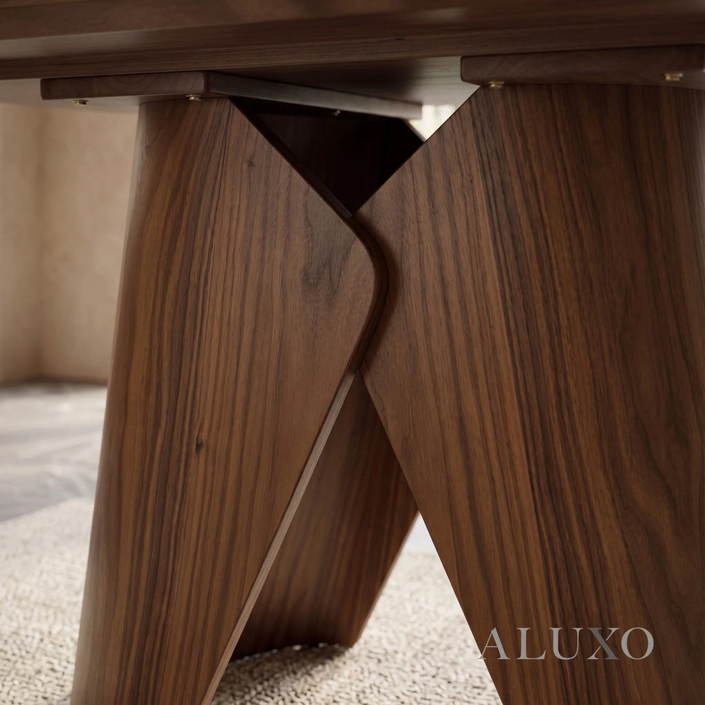 ALUXO® Elegantia 1.8m Walnut Dining Set – Sculptural Pedestal Base Table with 4/6/8 Elegantia Oatmeal Bouclé Chairs