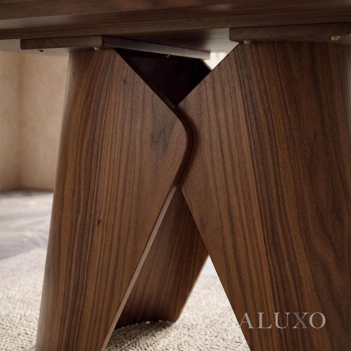 ALUXO® Elegantia 1.8m Walnut Dining Set – Sculptural Pedestal Base Table with 4/6/8 Elegantia Oatmeal Bouclé Chairs