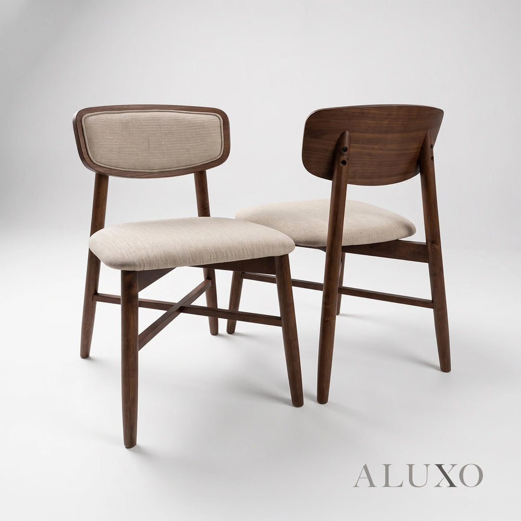 ALUXO® Elegantia 1.8m Walnut Dining Set – Sculptural Pedestal Base Table with 4/6/8 Elegantia Oatmeal Bouclé Chairs