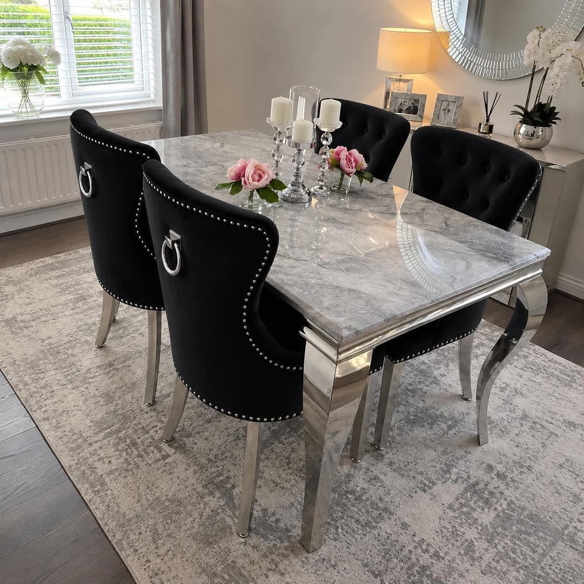 Louis Marble Dining Table With Jessica Ring Knocker Chairs