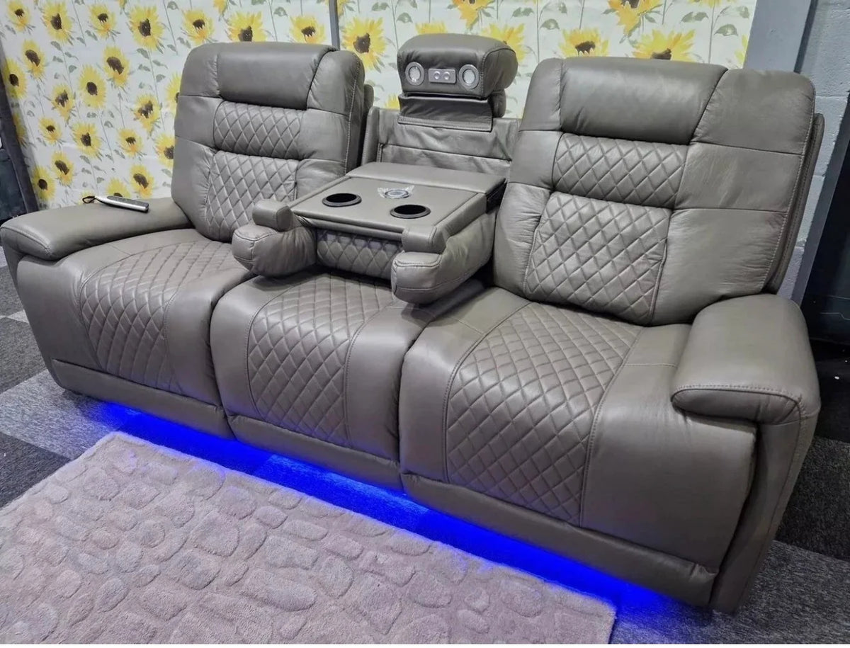 Halifax 3+2  Seater Grey Leather Electric Recliner Sofa with Cup Holders, LED Lights & Wireless Charger, USB Port