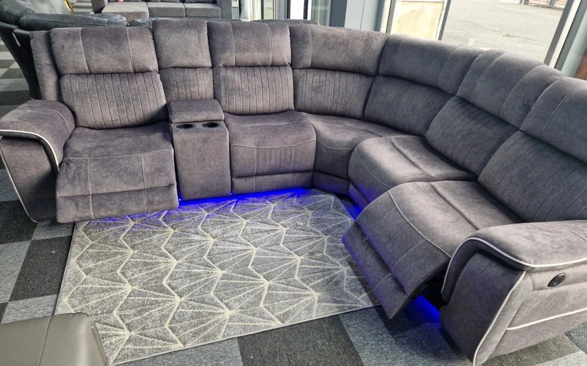 Hannah Electric Recliner Corner Sofa Grey Microfibre Fabric with USB Port, LED Lights & Cup Holders