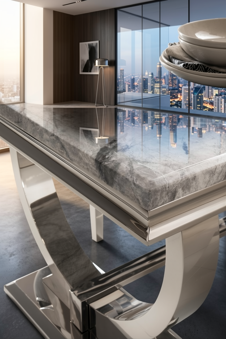 Arianna Grey Marble Dining Table With Venice Lion Knocker Grey Velvet Chairs
