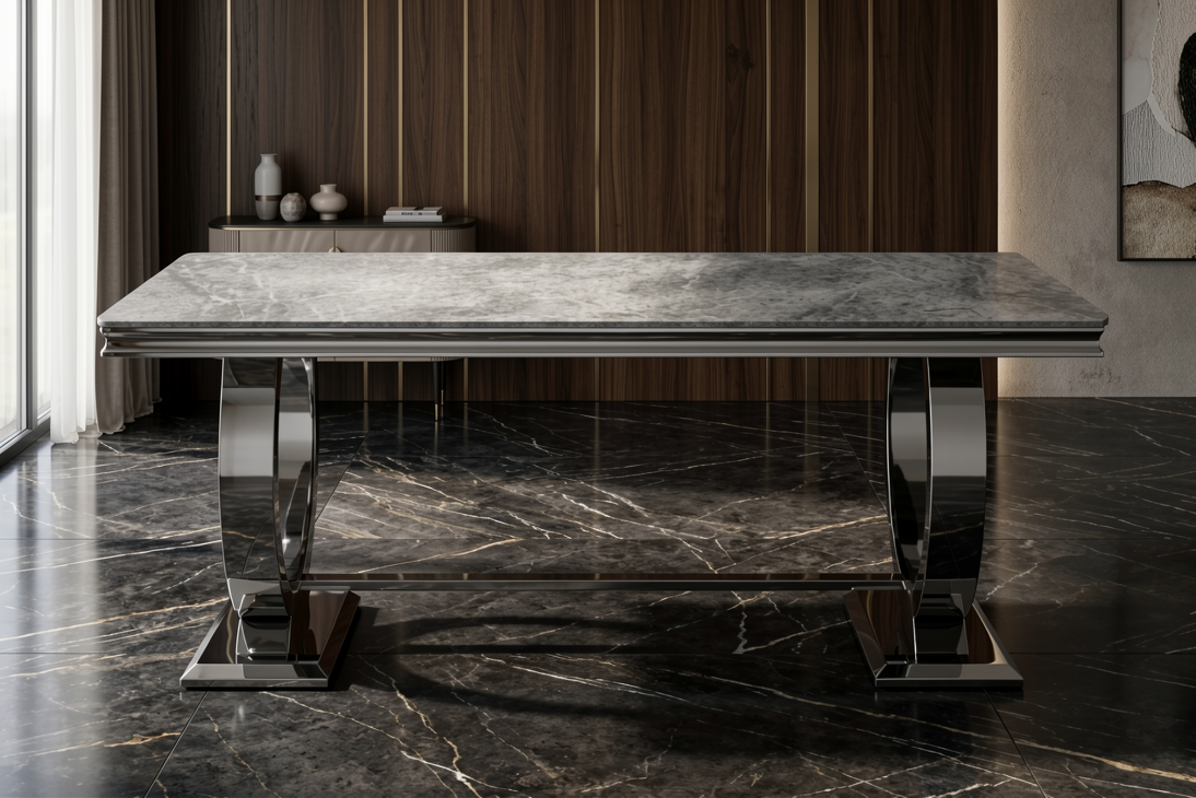 Arianna Grey Marble Dining Table With Venice Lion Knocker Grey Velvet Chairs