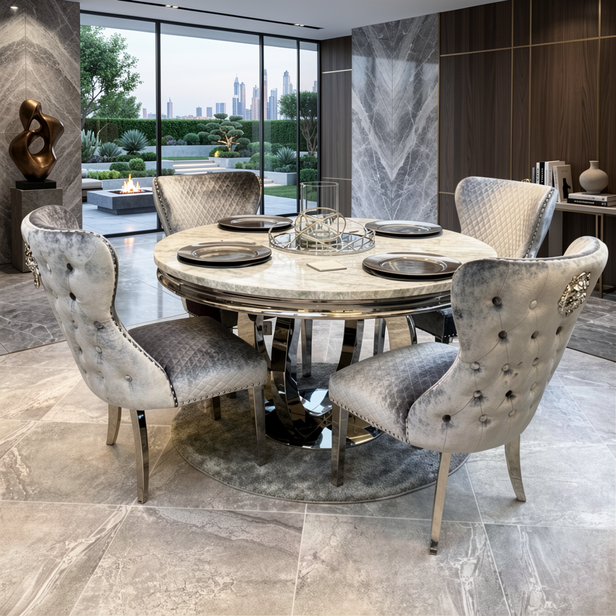 Lewis Round Marble Dining Table With Lewis Lion Knocker Velvet Chairs