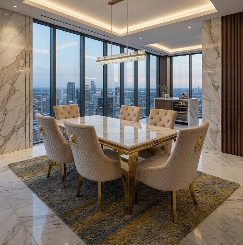 Lawis Marble Gold Dining Set With Victoria Gold Lion or Plain Ring Velvet Knocker Chairs