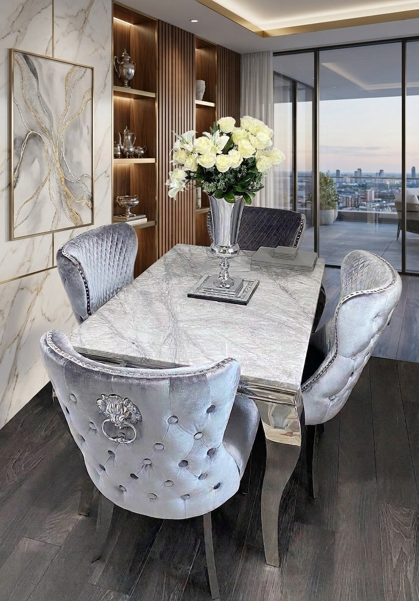 Louis Marble Dining Table With Lewis Lion Knocker Chairs