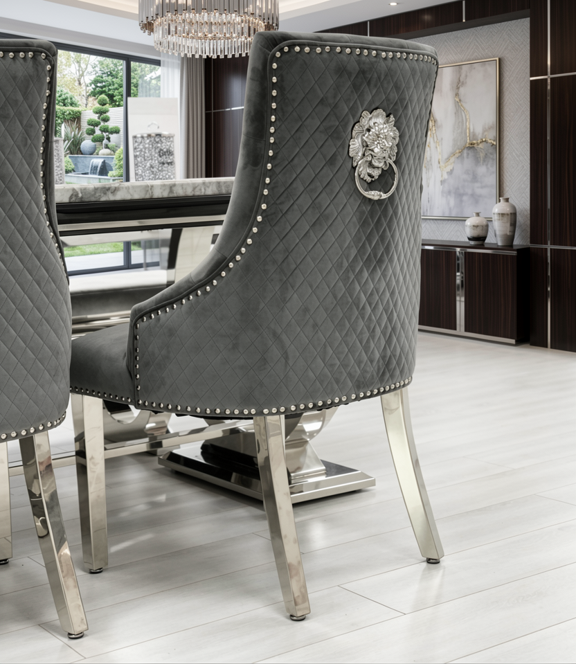 Louis 200cm Marble Top Dining Set With Rose Knocker Velvet Chairs