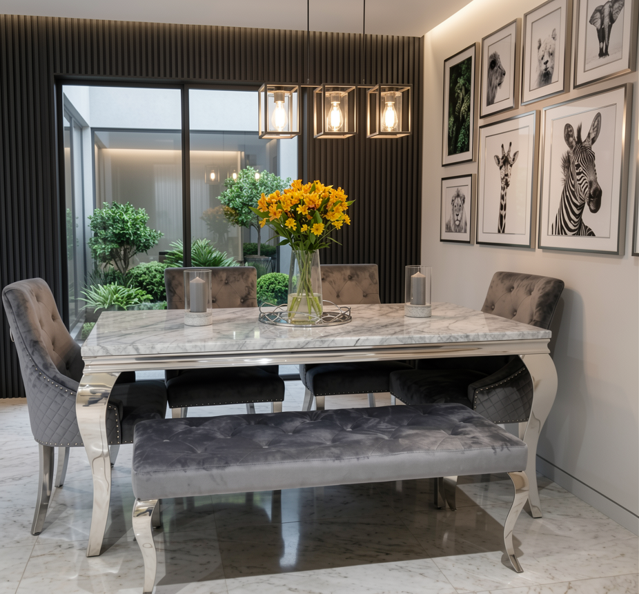 Louis Marble Dining Table With Venice Lion Knocker Chairs & Bench Option
