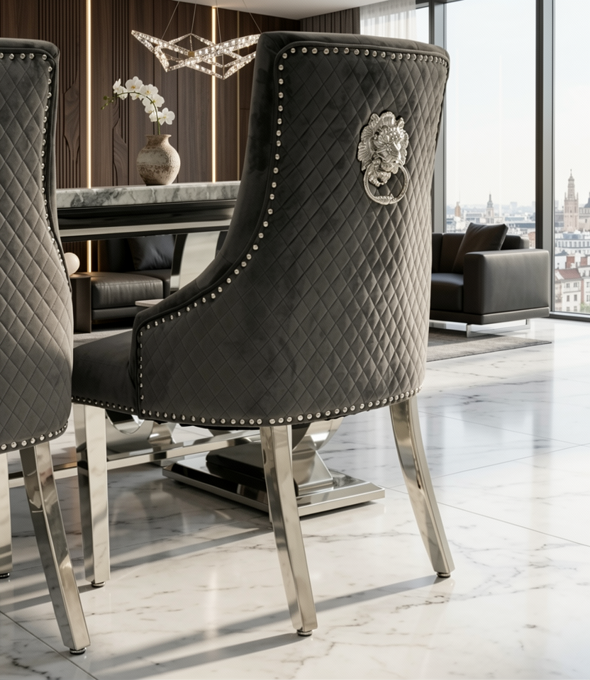 Louis Marble Dining Table Set With 4 Bentley Lion Knockerback Chairs