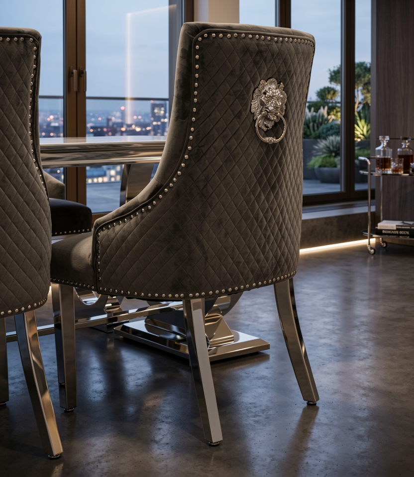 Arianna Grey Marble Dining Table With Venice Lion Knocker Grey Velvet Chairs