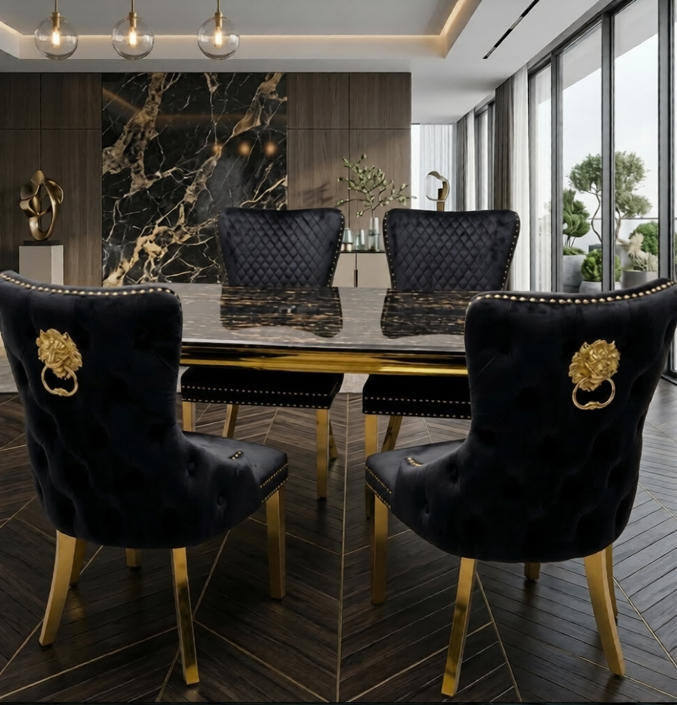 Lawis Marble Gold Dining Set With Victoria Gold Lion or Plain Ring Velvet Knocker Chairs
