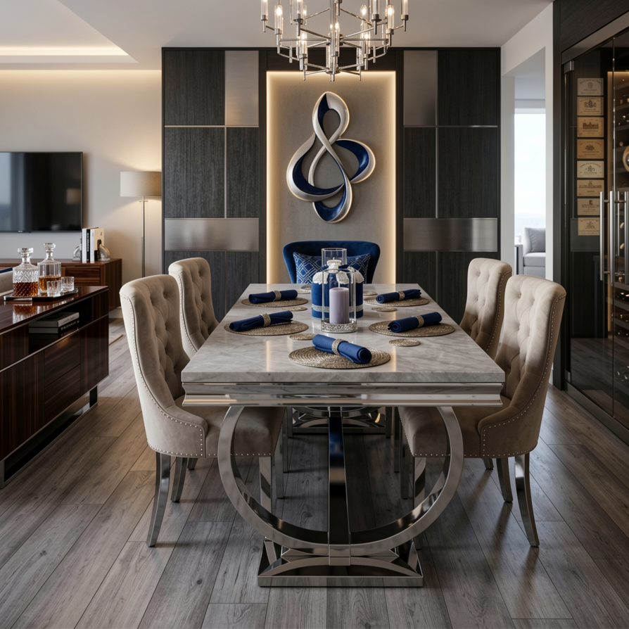 Arianna Marble Dining Table With Chelsea Knocker Velvet Chairs