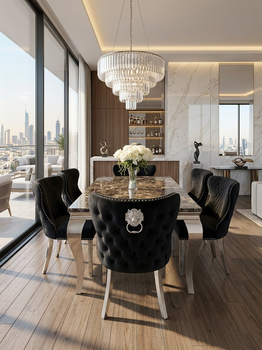 Louis Marble Dining Table With Lewis Lion Knocker Chairs