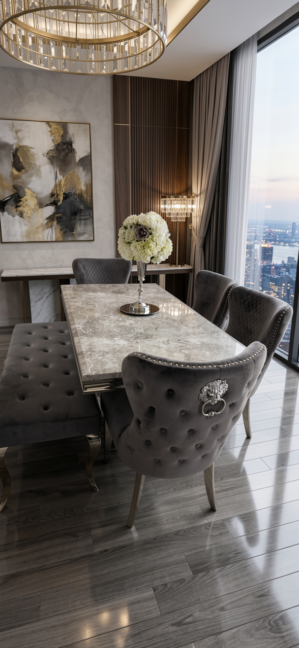 Arial Grey Marble Top Dining Set With Lewis Lion knocker Velvet Chairs