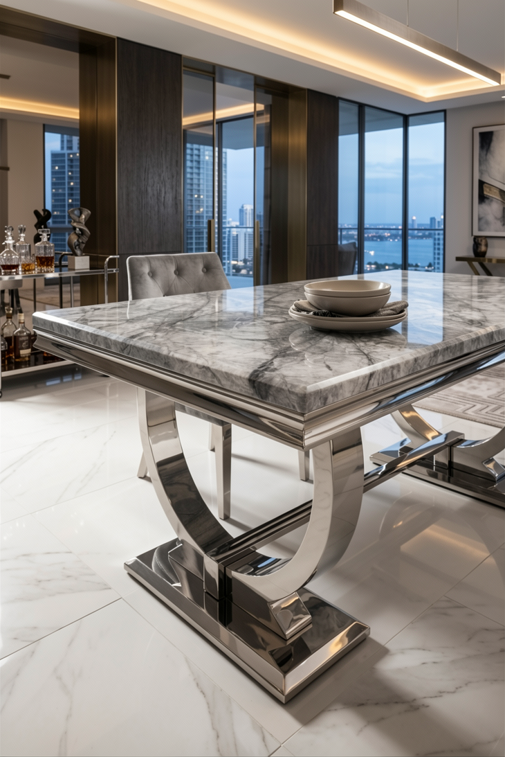 Arianna Grey Marble Table Dining Table With Chelsea Lion Knocker Velvet Chairs