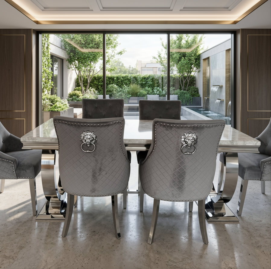 Arianna Grey Marble Dining Table With Venice Lion Knocker Grey Velvet Chairs
