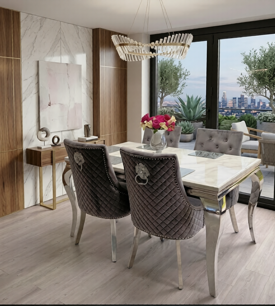 Lewis Marble Dining Table With Bently Knocker Chairs lion