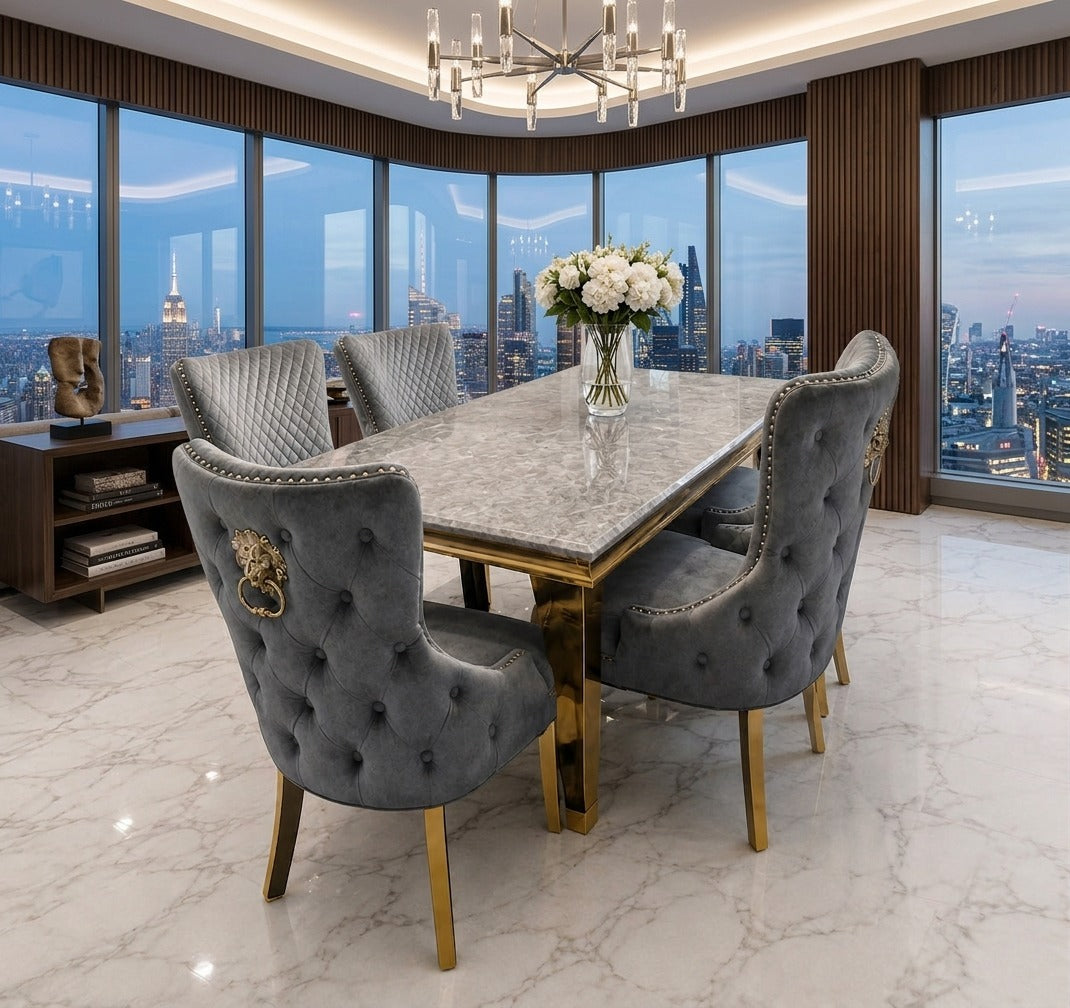 Lawis Marble Gold Dining Set With Victoria Gold Lion or Plain Ring Velvet Knocker Chairs