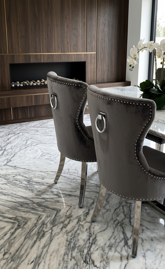 Arianna Marble Dining Table With Chelsea Knocker Velvet Chairs