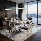 Arianna Grey Marble Table Dining Table With Chelsea Lion Knocker Velvet Chairs