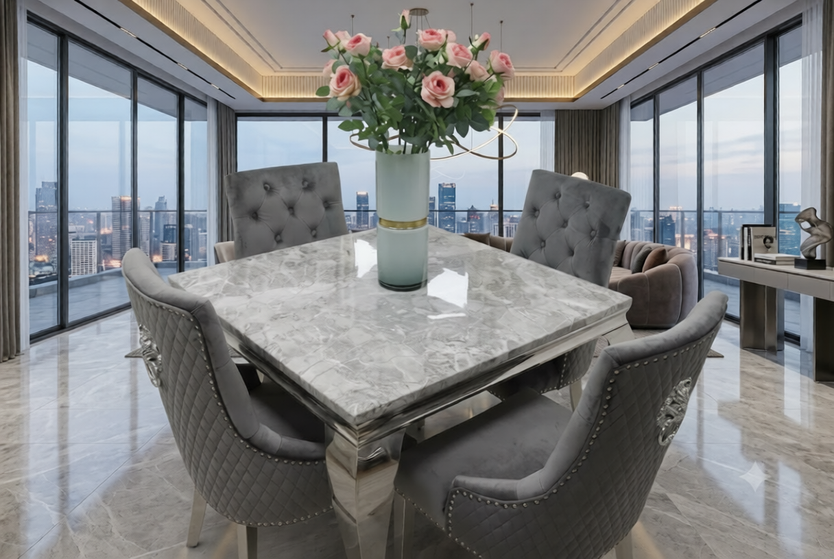 Lewis Marble Dining Table With Bently Knocker Chairs lion