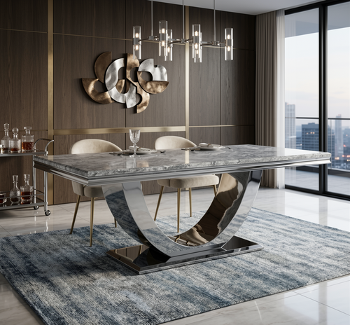 Arial Grey Marble Top Dining Set With Lewis Lion knocker Velvet Chairs