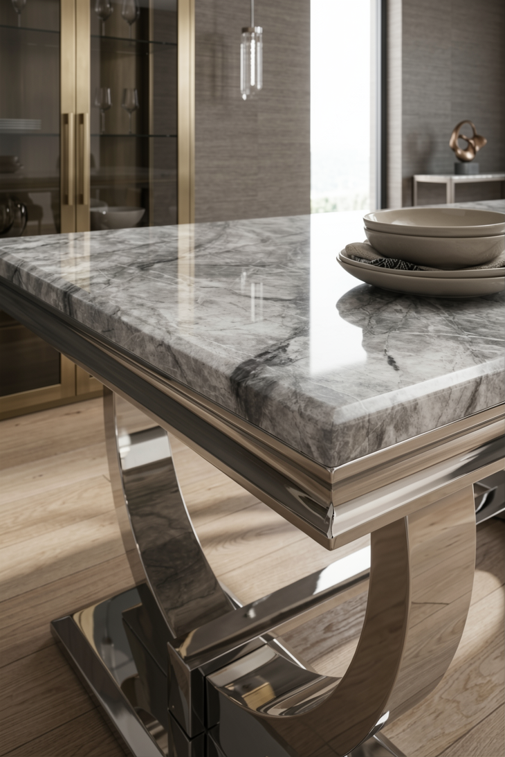 Arianna  Grey Marble Top Dining Set With Lewis Lion Knocker Velvet Chairs